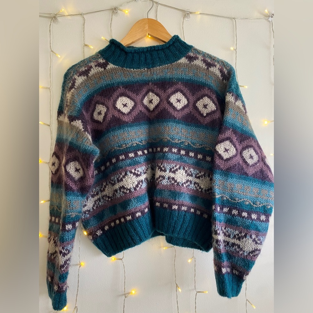 Mohair embroidered retro mock neck drop shoulder cropped sweater
